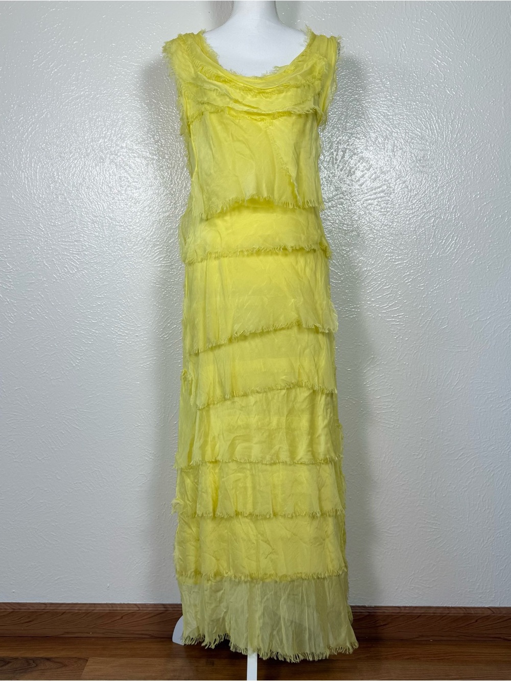 Made in Italy Butter Yellow Silk Blend Tiered Raw Edge Maxi Dress Ethereal